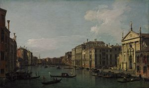 : A realistic painting of a canal with many dark-colored row boats and gondolas, surrounded on all sides by buildings.