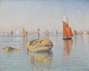 A pointillist painting of a seascape with rocks pointing out of the water and boats with large sails.