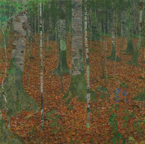 A painting of a forest. Green and grey birch trees are contrasted by red and yellow leaves that cover the ground.