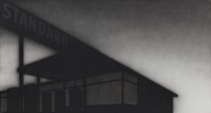 : A hazy black and white painting of a gas station and a sign that reads “standard.”