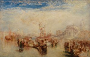 A hazy painting of boats on the water crowded with people and three framed paintings, with buildings in the background and a mostly cloudy sky.